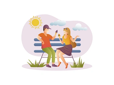 Summertime 2D Animation 2d animation bench conversation couple flat ice cream illustration man motion outdoor activity park relax social interaction summer summer scene summer vibes summertime sunny day woman