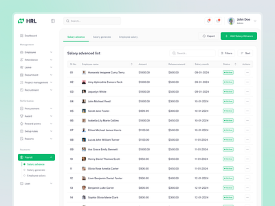 Payrolls Page - HR Management Dashboard clean dashboard design employee management employee payroll hr dashboard hr management hr software hr tools human resouces minimalist payment payroll management payroll page payrolls product design saas table ui ux