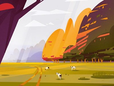 Landscape illustration adobeillustrator autumn autumnillustration color cow design digitalart flat flatdesign graphicdesign illustration landscape nature photoshop simple trees ui yellow