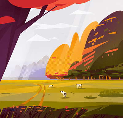 Landscape illustration adobeillustrator autumn autumnillustration color cow design digitalart flat flatdesign graphicdesign illustration landscape nature photoshop simple trees ui yellow