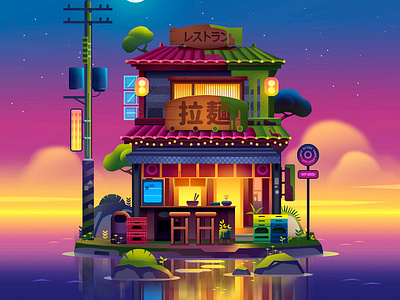 Ramen island adventure anime cute game gaming illustration japan japanime neon night pop posterdesign print travel