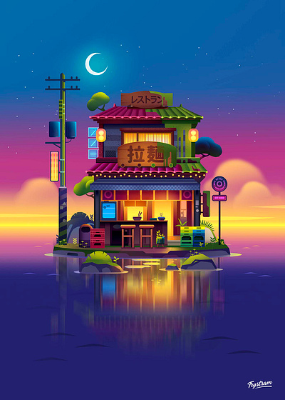 Ramen island adventure anime cute game gaming illustration japan japanime neon night pop posterdesign print travel