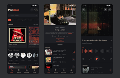 Podcast Application appdesign application art autolayout branding darkmode design live logo music podcast streaming ui userexperience userinterface ux vintage