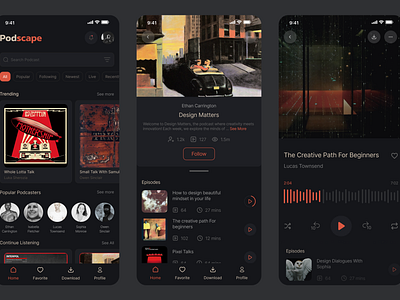 Podcast Application appdesign application art autolayout branding darkmode design live logo music podcast streaming ui userexperience userinterface ux vintage