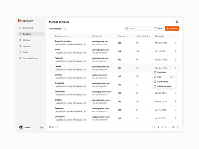 E-learning - List Company app cards clean dashboard datatable ui