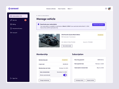 Carousel – Manage Vehicle admin app customer portal dashboard design interface ui ux web