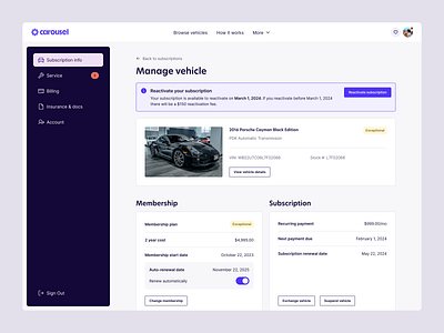 Carousel – Manage Vehicle admin app customer portal dashboard design interface ui ux web