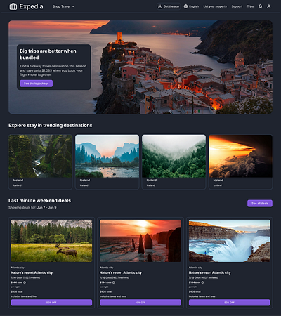 Expedia - Landing Page dark mode design figma graphic design landing page lightdark mode responsive design travel website ui uiux user experience ux web design