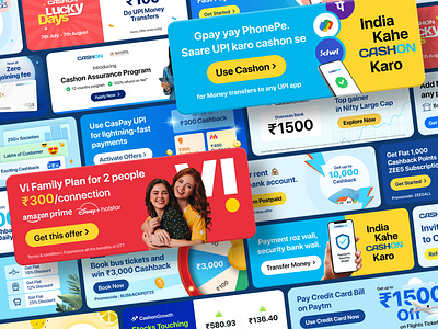 Colorful Banners - Paytm Inspired Part 2 banners cards cashback offers colorful ui design digital payments engaging marketing design financial ui design mobile wallet promotional banners user centric design vodaphone