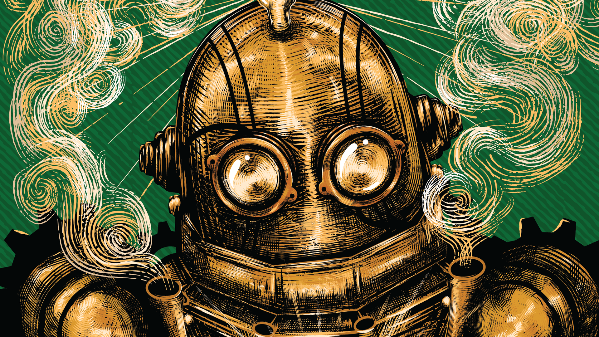 Steampunk Poster Design art brass carpenter copper design idea illustration label machine oldworld poster robot steam steampunk vintage wintrygrey wood woodworking working