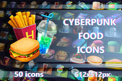 Cyberpunk Food 512×512 Icons 2d art asset assets cyberpunk food game game assets gamedev icon icons illustration indie game pack sci fi science fiction set ui