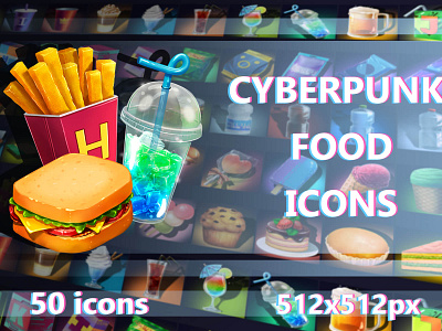 Cyberpunk Food 512×512 Icons 2d art asset assets cyberpunk food game game assets gamedev icon icons illustration indie game pack sci fi science fiction set ui