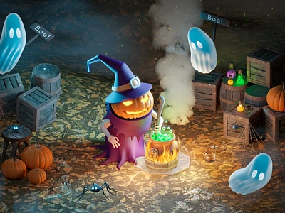 Happy Halloween day! 3d illustration 3d 3d illustration digital 3d fire halloween potion bottle pumpkin spider spooky witch