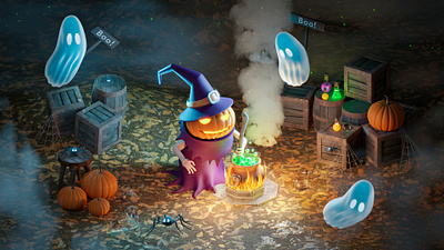 Happy Halloween day! 3d illustration 3d 3d illustration digital 3d fire halloween potion bottle pumpkin spider spooky witch