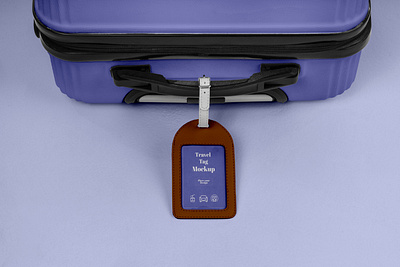 Suitcase Tag Mockup with Leather Cover blue branding brown cover graphic design leather lebal logo mockup purple tag travel