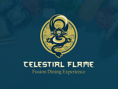 Celestial flame branding asian beast branding creature dine dragon drake flame food graphic design logo mythic restaurant vector