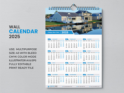 Wall Calendar Template 2025 a3 size adobe illustrator branding calendar design calendar design ideas corporate creative calendar design design by sarwar desk fully editable graphic design mockup one page calendar print design print ready vector wall calendar yearly calendar yearly calendar 2025