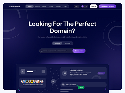 Nameworld - Domain Registration Landing Page branding design research site ui ux website