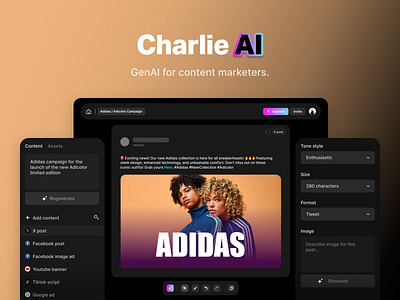 Charlie AI | GenAI For Content Marketers. ai artificial intelligence darkui desktop genai interface mockup ui ux