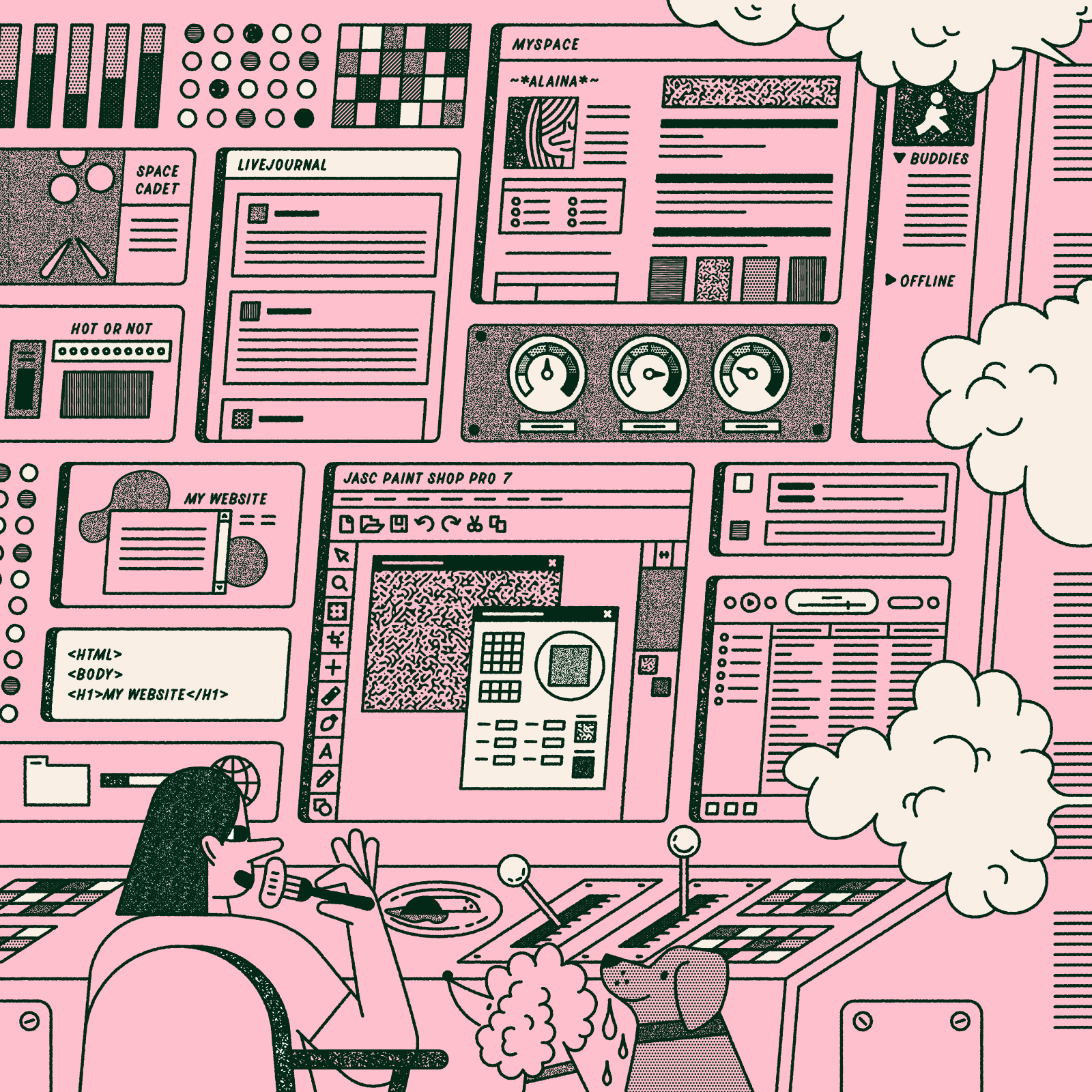 Vectober 10 // Pixel 2000s command center control center dogs flat geometric graphic design illustration internet line art livejournal myspace texture y2k