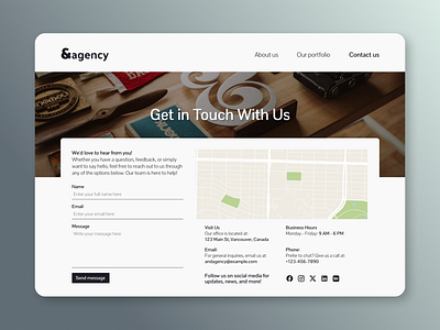 Daily UI #028 - Contact Us 028 contact contact form contact us daily ui daily ui 028 design design agency location map social media ui ui design ux design web design