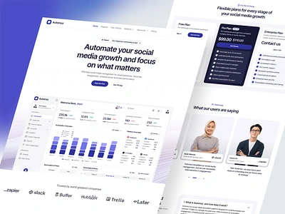 Automoz - Social Media Automation Landing Page ai automation clean faq hero landing page media price pricing section social social media statistic stats testimonial track tracking web design