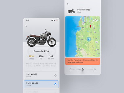 Motorcycle Rental App app bike biker booking app choicebox gray grey map mobile motorbike motorcycle navbar note rent app rental app tabbar triumph ui ux vehicle rent