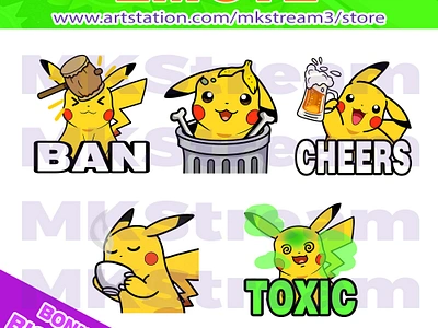 Emotes Pokemon Pikachu ban, trash, cheers, sip & toxic pack animated emotes anime ban hammer cheers cute design emoji emote emotes illustration pikachu pikachu emotes pokemon pokemon emotes sip emotes stickers sub badge toxic trash emotes twitch emotes