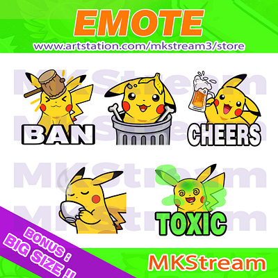 Emotes Pokemon Pikachu ban, trash, cheers, sip & toxic pack animated emotes anime ban hammer cheers cute design emoji emote emotes illustration pikachu pikachu emotes pokemon pokemon emotes sip emotes stickers sub badge toxic trash emotes twitch emotes