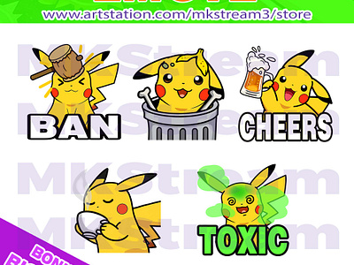 Emotes Pokemon Pikachu ban, trash, cheers, sip & toxic pack animated emotes anime ban hammer cheers cute design emoji emote emotes illustration pikachu pikachu emotes pokemon pokemon emotes sip emotes stickers sub badge toxic trash emotes twitch emotes