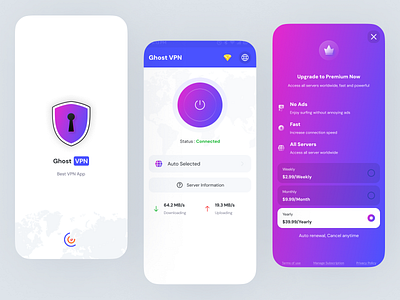 VPN Mobile App Design🌐 app blue download home hub in app purchase loading power premium servers shield speed trending upload video vpn