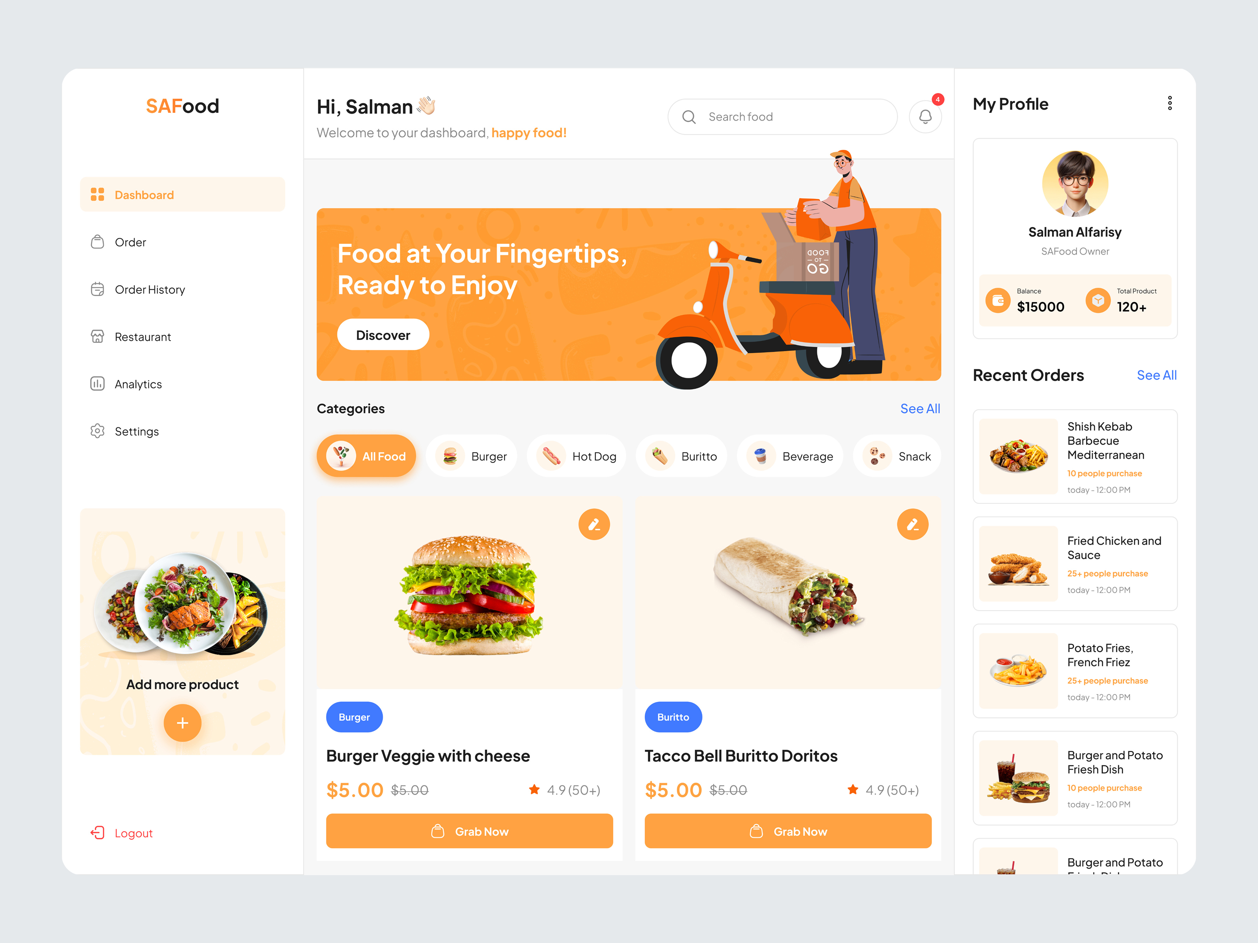SAFood - Food Delivery Dashboard app clean dashboard food food dashboard food delivery illustration inspiration interface ui uidashboard uidesign uiux userinterface