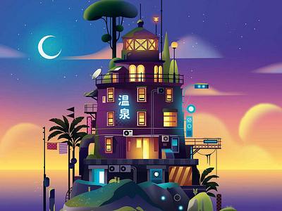 Lighthouse animation anime city illustration islands light lighthouse manga neon print travel