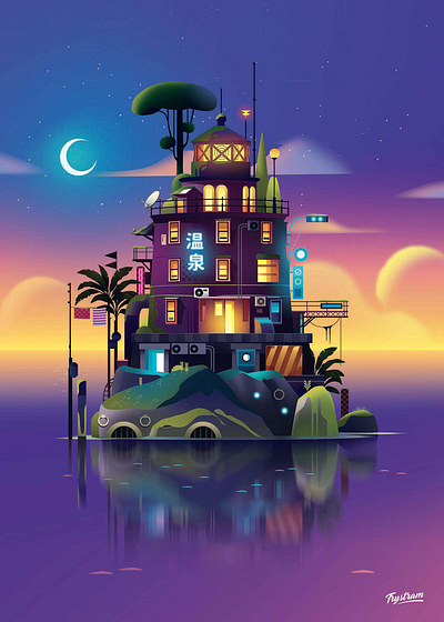 Lighthouse animation anime city illustration islands light lighthouse manga neon print travel