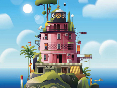 The pink lighthouse anime city cool illustration japan light lighthouse neon ocean pink pop poster print travel