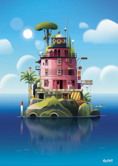 The pink lighthouse anime city cool illustration japan light lighthouse neon ocean pink pop poster print travel