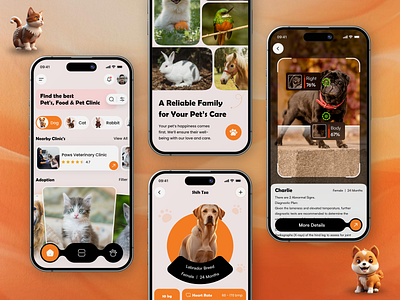 AI-Powered Pet Care Service App Design ai animal healthcare animalcare appdesign application artificialintelligence cat dog dogapp finddog mobileui petadoption petcareapp petclinic pethealth ui uiappointment uiux ux veterinary