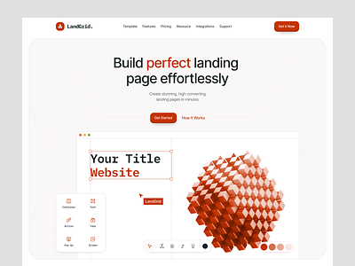 Landgrid - Hero Section Concept 3d agency branding color design editor feature grid hero hero section illustration landingpage product product design red sekar station ui ux web builder web design