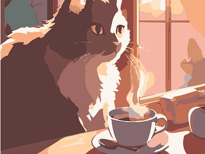 Cat with coffee - illustration brown cat coffee colorful graphic design white