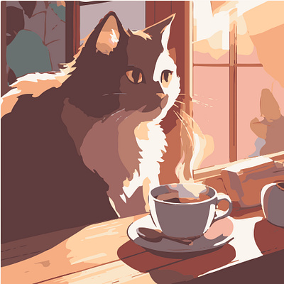 Cat with coffee - illustration brown cat coffee colorful graphic design white