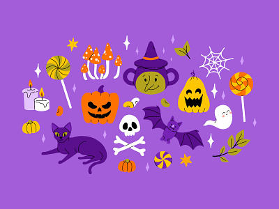 Halloween set 10 bat cartoon cat character concept cute design flat halloween illustration lollipop spooky sweets vector witch