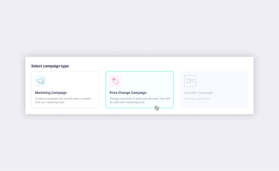 Dashboard design for campaign setup button campaign card clean click component dashboard design desktop element hover minimal product radio select tech typography ui ux