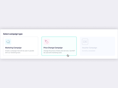 Dashboard design for campaign setup button campaign card clean click component dashboard design desktop element hover minimal product radio select tech typography ui ux