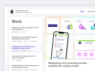 Design portfolio site work page app branding button case study clean component design designer inspiration minimal mobile app nav bar portfolio product design sidebar ui ux uxui website white