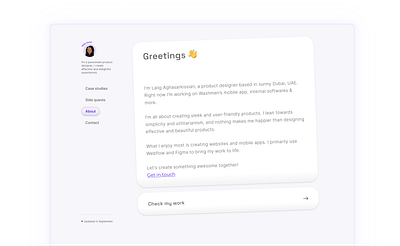 Designer portfolio website about page branding button clean component cute design minimal navigation online portfolio portfolio product designer shadow sidebar skeuomorphism thumbnail ui ux web design website