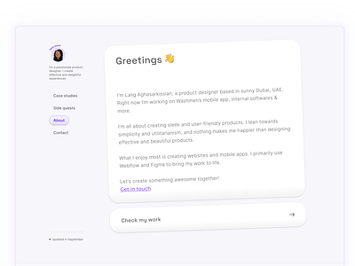 Designer portfolio website about page branding button clean component cute design minimal navigation online portfolio portfolio product designer shadow sidebar skeuomorphism thumbnail ui ux web design website