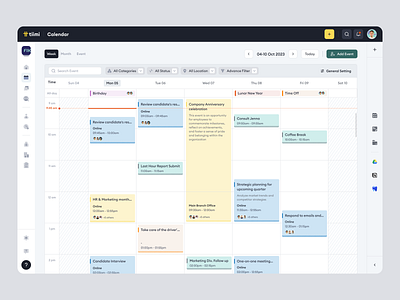 Tiimi - Weekly Calendar View in SaaS HR Management System calendar candidate company employee employee management hiring hr hrd hrm hrs job product design recruitment saas saas design team management ui ux web app web design