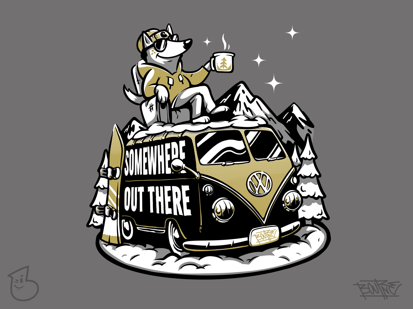 Somewhere out there art branding car character character design design dog forest graphic design illustration logo snowboard