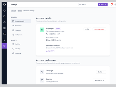 Account details account settings admin audit log billing export data help desk organization preferance security sudhan