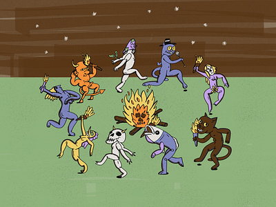 Dancing Maniacs campfire cat character design creatures dance dancing monster nightlife ritual